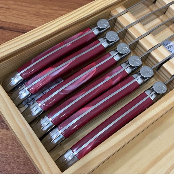 6pcs. WOLFGANG PUCK 4.5” Stainless Steel Steak Knife Set Wood Storage Box Red - Picture 2 of 13